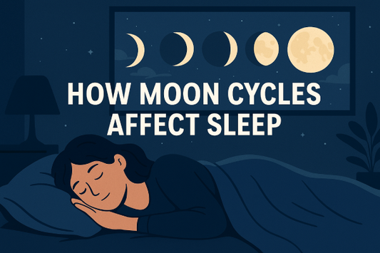 Illustration of moon phases influencing a woman’s sleep in a peaceful bedroom setting.