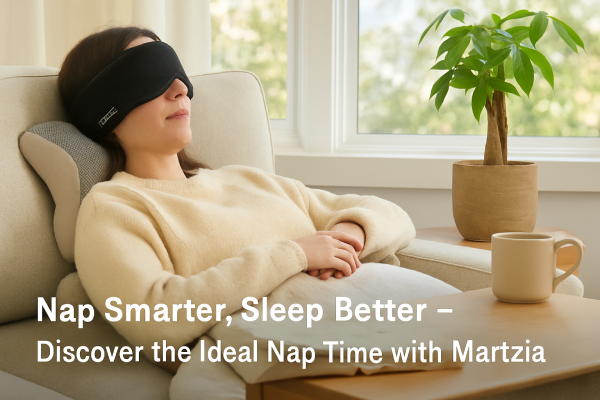 A woman relaxing on a couch with a sleep mask during a short afternoon nap