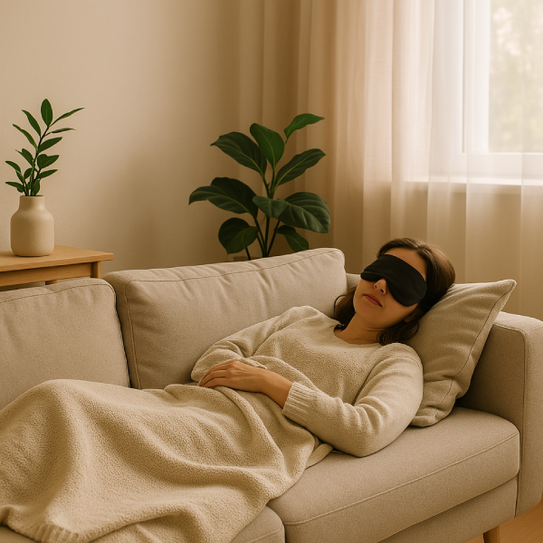 Woman napping on a couch in daylight with a soft blanket and eye mask