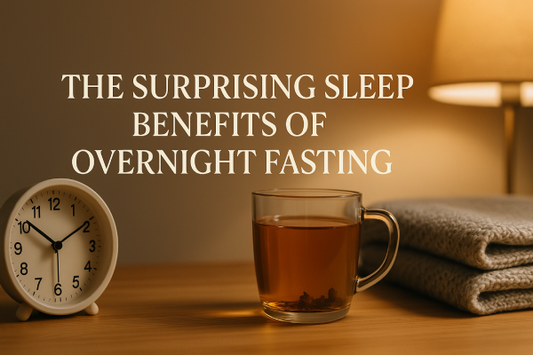 Glass of herbal tea and a clock representing overnight fasting and sleep