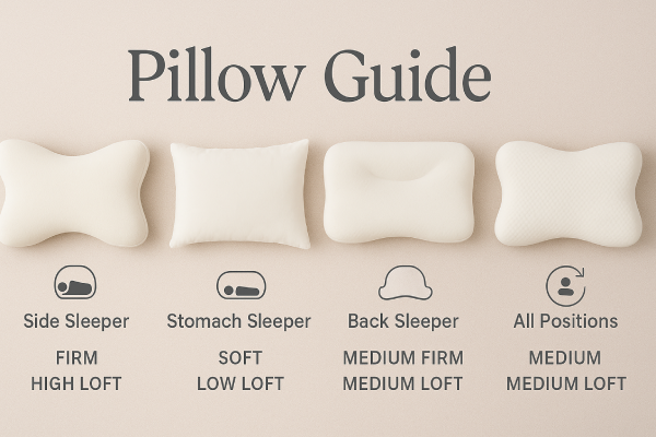 A variety of pillows displayed with labels showing firmness, loft, and sleep positions—ideal for pillow comparison and neck support.