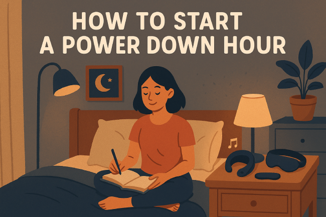 Cozy bedroom scene with soft lighting, a person journaling or stretching, no screens visible—just calming pre-sleep rituals.