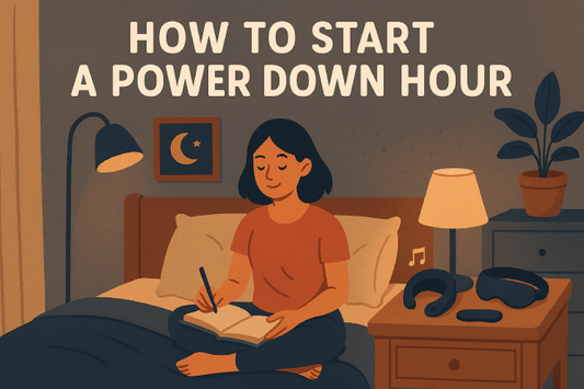 Cozy bedroom scene with soft lighting, a person journaling or stretching, no screens visible—just calming pre-sleep rituals.