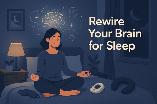 Illustration of a calm individual meditating in bed, surrounded by sleep aids like a sleep mask and audio device for brain relaxation.