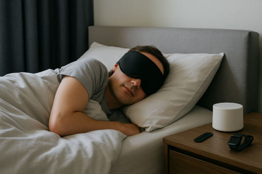 Photo of a shift worker sleeping peacefully during the day with blackout curtains and a sleep mask.