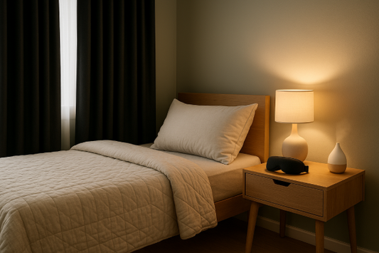 Modern sleep-friendly bedroom with blackout curtains, cozy bedding, and soft lighting