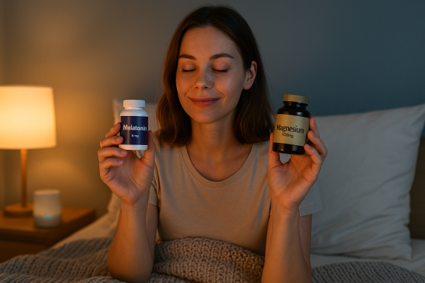 Woman holding melatonin and magnesium sleep supplements before bed