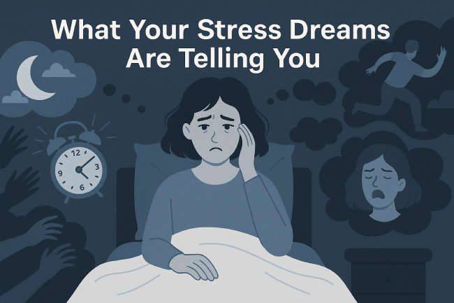 A woman sitting in bed with a worried expression, surrounded by surreal dream imagery.