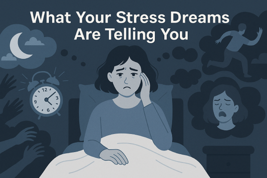 A woman sitting in bed with a worried expression, surrounded by surreal dream imagery.