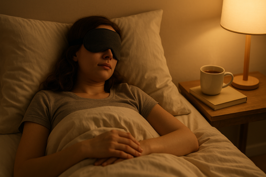 Woman relaxing in bed with an eye mask and soft lighting for a tech-free bedtime.