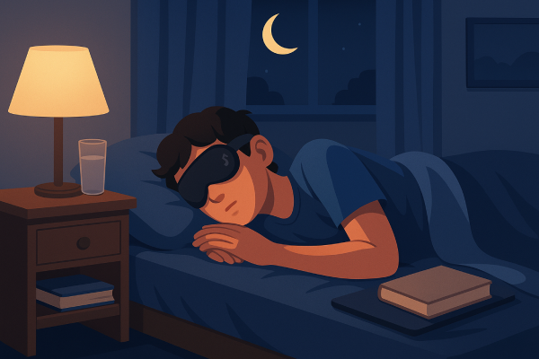Illustration of a teenager sleeping with a Bluetooth sleep mask and relaxing room environment that promotes better sleep.