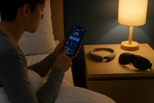 Photo of a person checking sleep tracker data on a smartphone next to a cozy bed with sleep-enhancing gadgets nearby.